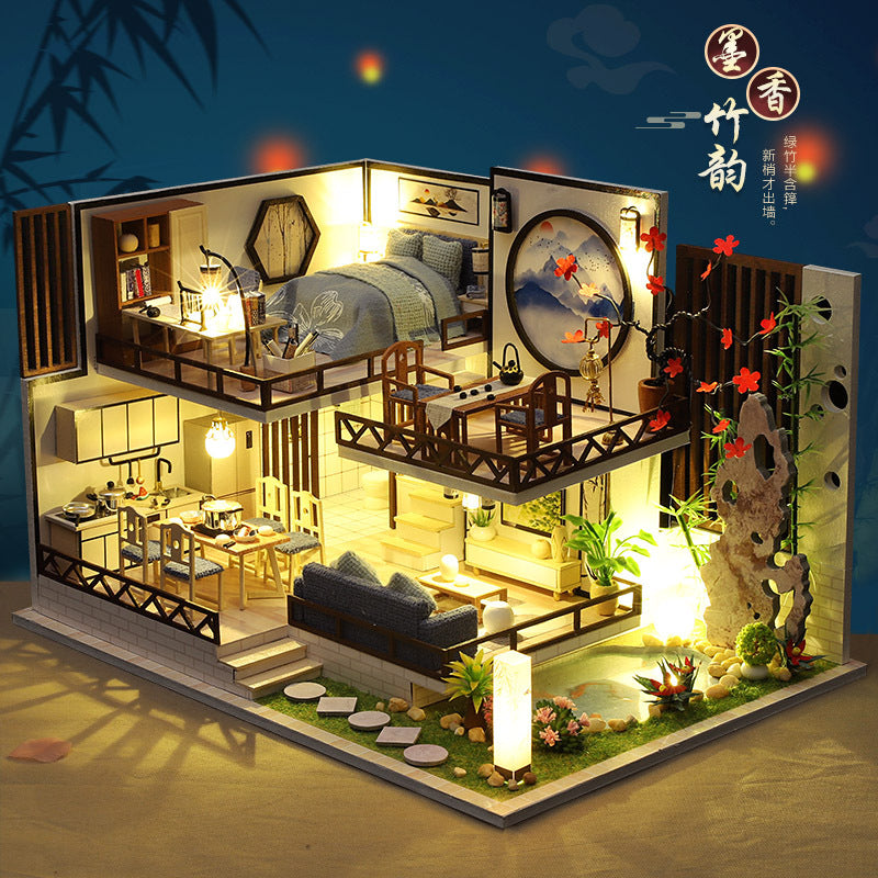 Quyiya DIY hut Chinese style national tide ancient style plain elegant antique building assembly model villa ink fragrance bamboo rhyme