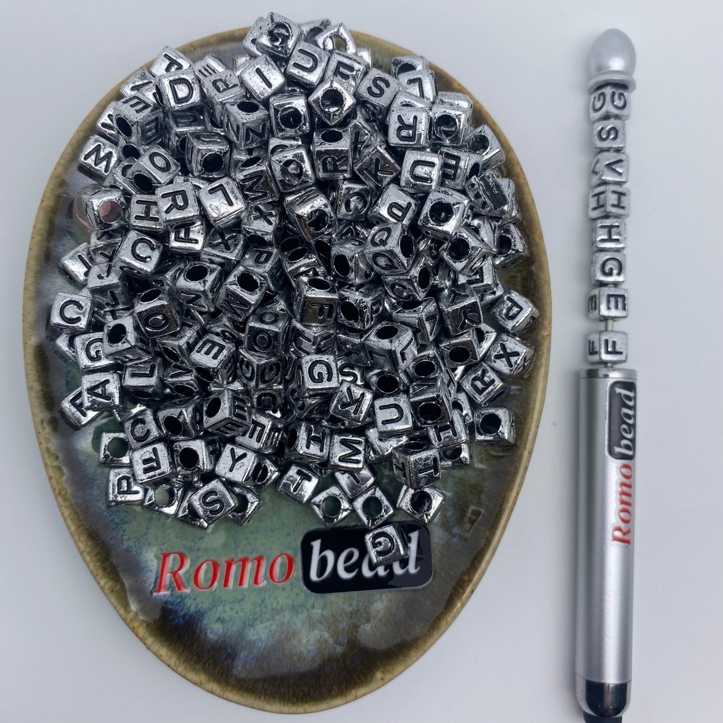 88. cube silver letter beads - Romo bead
