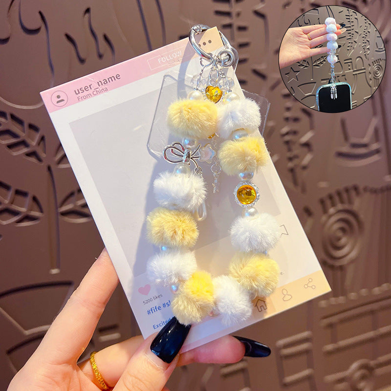 Handmade DIY Fur Ball Beaded Mobile Phone Chain Pendant Accessories Creative Car Bag Keychain High-end Sense Charm