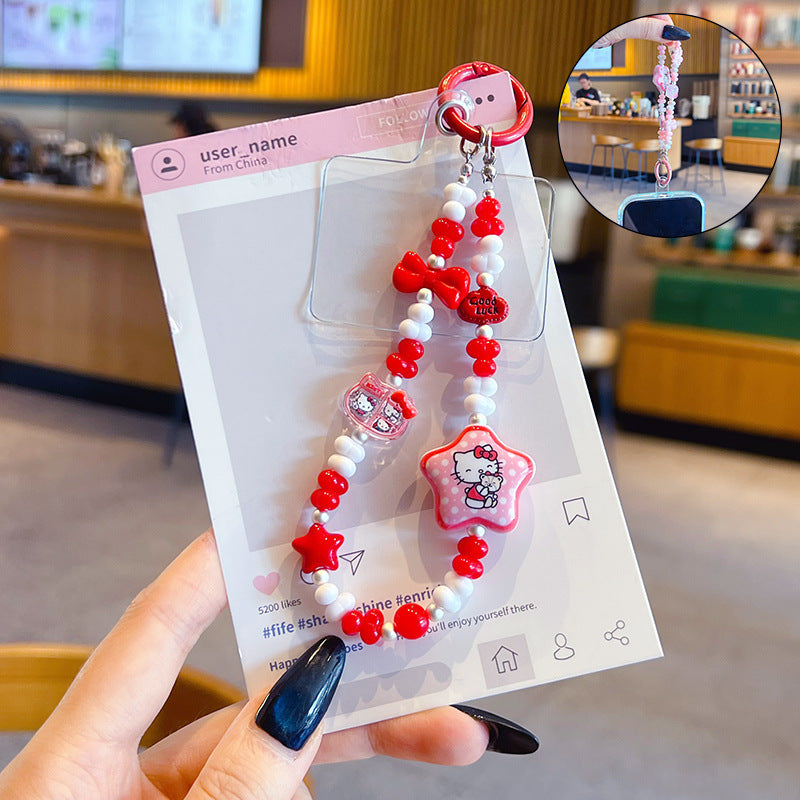 Creative DIY Star KT Cat Beaded Mobile Phone Chain Pendant Cute Car Keychain Bag Charm Accessories Wholesale