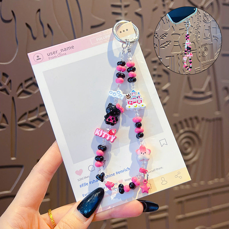 Handmade KT beaded alloy mobile phone chain pendant creative DIY Hello Kitty high-end sense bag keychain pendant