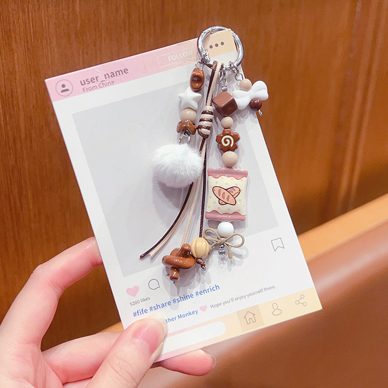 Handmade DIY Furball Beaded Mobile Phone Chain Pendant Cute ins Car Keychain Bag Doll Charm Accessories