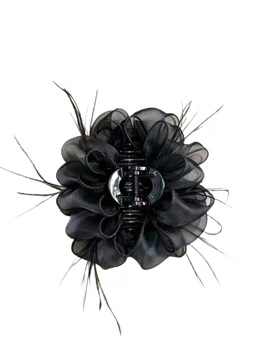 2026 New French Gentle Style Black Feather Organza Floral Claw Clip Elegant Shark Clamp High-End Headwear