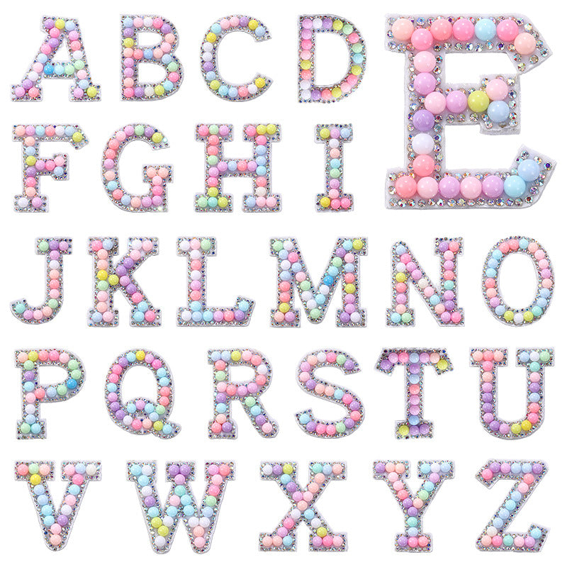Macaron letter stickers, 26-letter English DIY accessories, clothing accessories, faux pearl and rhinestone appliqué set