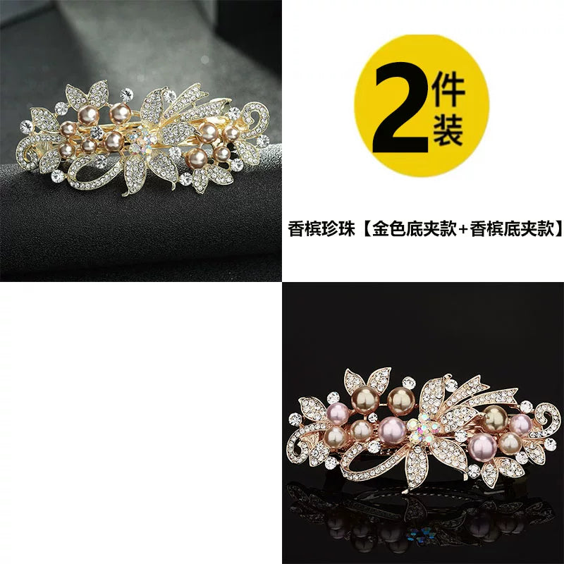 Elegant pearl rhinestone gold hair clip, new women's high-end flash rhinestone off-line spring clip, back hair updo