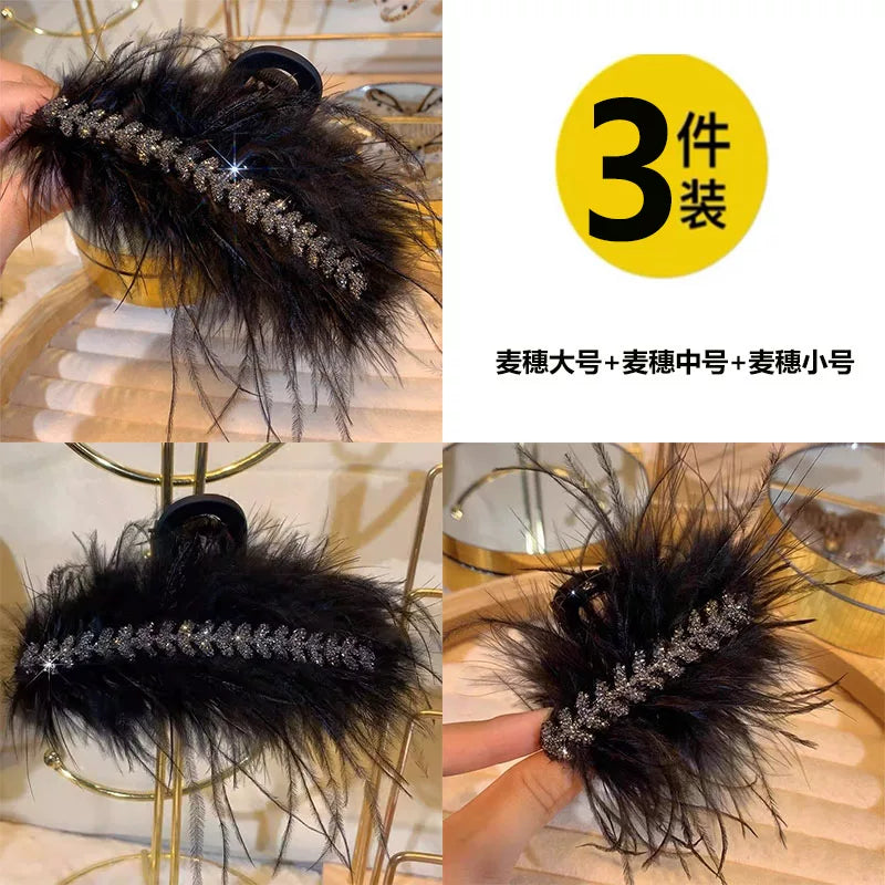 Rhinestone feather claw clip for women, high-end new small half-tie hair clip, small hair volume, back head updo hair clip, shark clip