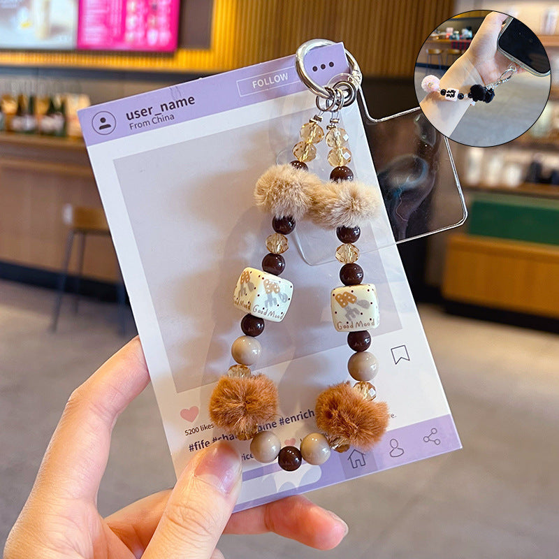 Handmade DIY Fur Ball Beaded Mobile Phone Chain Pendant Creative Car Bag Keychain Phone Case Accessories Charm