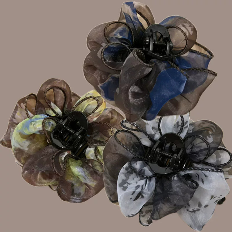 Korean style elegant high-end new organza floral claw clip for women, sophisticated hair clip, back hair clip, hair clip for the back of the head, hair accessory