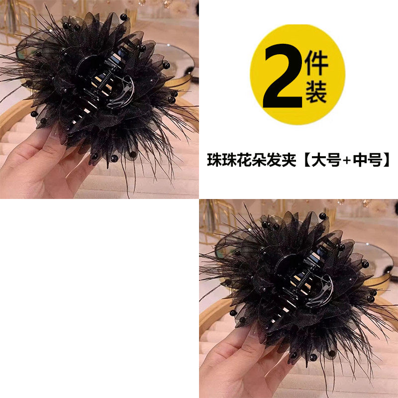 Black feather claw clip for women, high-end 2026 new style, large size ostrich feather shark clip, back of head updo hair clip