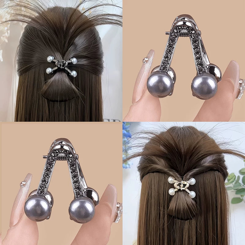 Short hair, awkward phase, half-bun, pearl small clip, high-end V-shaped hair clip at the back of the head, women's hair volume with little clip