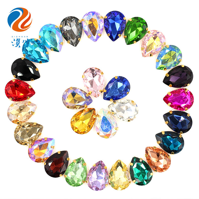 Direct supply of gold-backed waterdrop glass claw rhinestones, bridal dresses, apparel, crystal jewelry, accessories, and multi-color waterdrop claw rhinestones