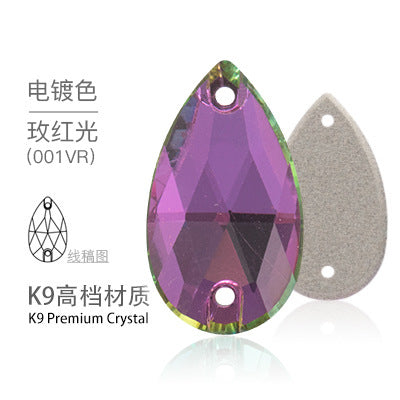 K9 Sew-On Teardrop Rhinestone - Double Hole Flat Bottom Perforated Hand Sew Stone for Wedding Dress Luggage Accessories