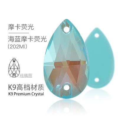 K9 Sew-On Teardrop Rhinestone - Double Hole Flat Bottom Perforated Hand Sew Stone for Wedding Dress Luggage Accessories