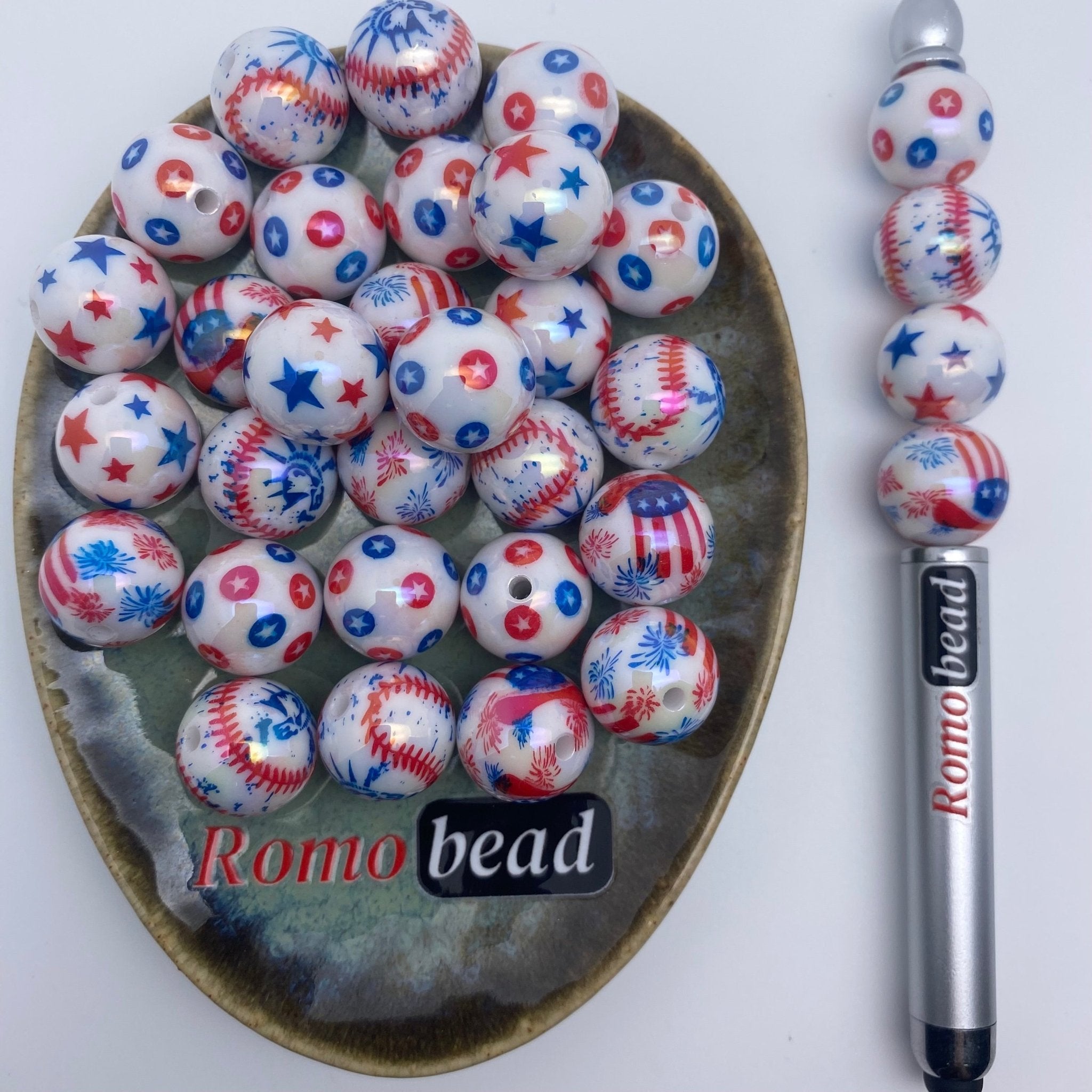 115. American flag print round 16mm beads - Romo bead