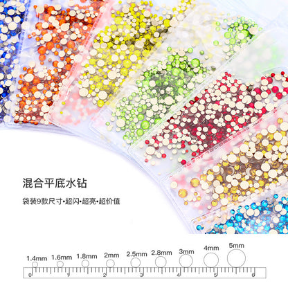 Factory direct sale, gold base mixed nail art diamonds, round flat bottom diamonds, DIY nail art jewelry diamond accessories, mixed sizes