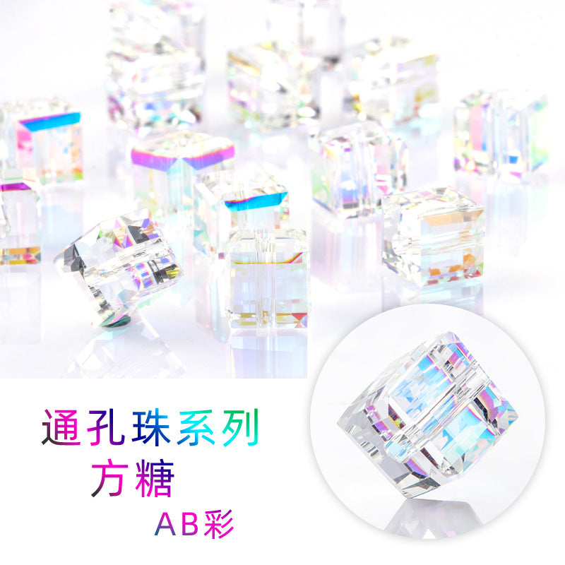 Perforated sugar cubes, crystal glass beads, through-hole beads, hanging plated craft accessories, bracelets, chain beads, square flat beads