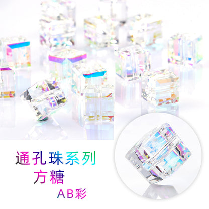 Perforated sugar cubes, crystal glass beads, through-hole beads, hanging plated craft accessories, bracelets, chain beads, square flat beads