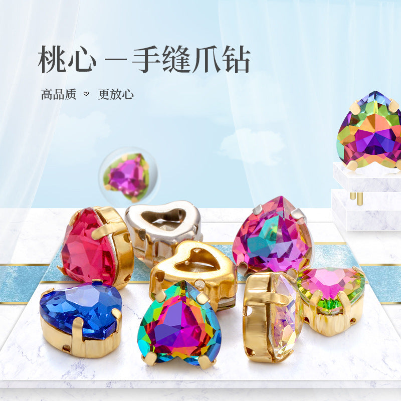 Cross-border new product: Peach heart hollow claw drill, special-shaped diamond DIY jewelry accessories, thickened copper claw clothing accessories