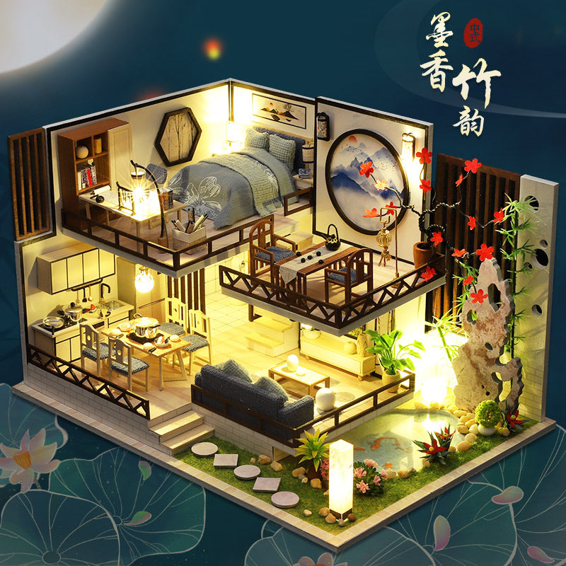 Quyiya DIY hut Chinese style national tide ancient style plain elegant antique building assembly model villa ink fragrance bamboo rhyme