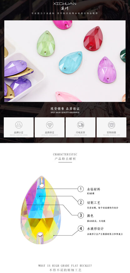 K9 Sew-On Teardrop Rhinestone - Double Hole Flat Bottom Perforated Hand Sew Stone for Wedding Dress Luggage Accessories