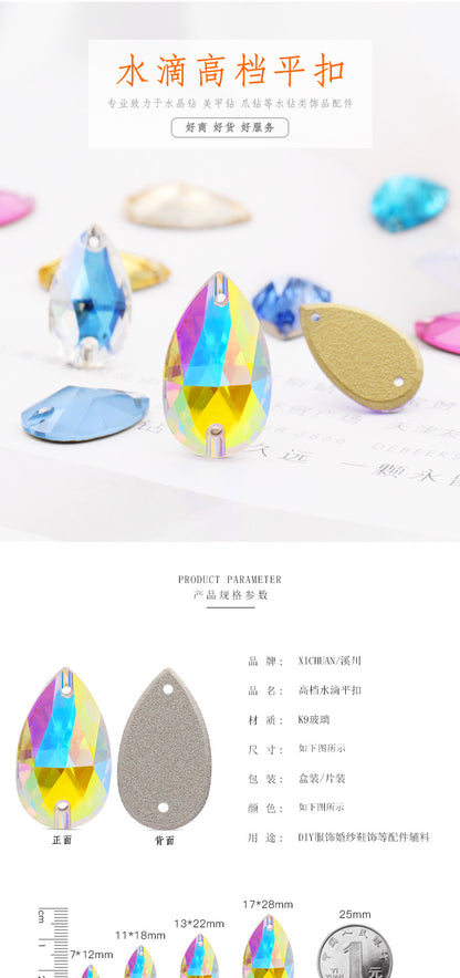 K9 Sew-On Teardrop Rhinestone - Double Hole Flat Bottom Perforated Hand Sew Stone for Wedding Dress Luggage Accessories