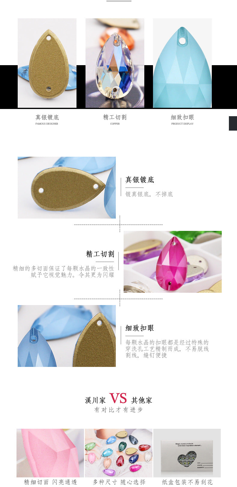 K9 Sew-On Teardrop Rhinestone - Double Hole Flat Bottom Perforated Hand Sew Stone for Wedding Dress Luggage Accessories