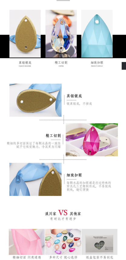 K9 Sew-On Teardrop Rhinestone - Double Hole Flat Bottom Perforated Hand Sew Stone for Wedding Dress Luggage Accessories