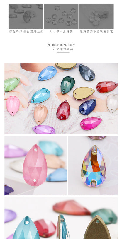 K9 Sew-On Teardrop Rhinestone - Double Hole Flat Bottom Perforated Hand Sew Stone for Wedding Dress Luggage Accessories