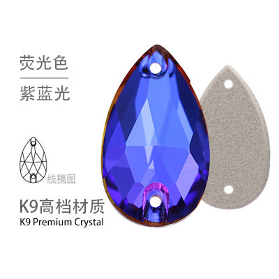 K9 Sew-On Teardrop Rhinestone - Double Hole Flat Bottom Perforated Hand Sew Stone for Wedding Dress Luggage Accessories