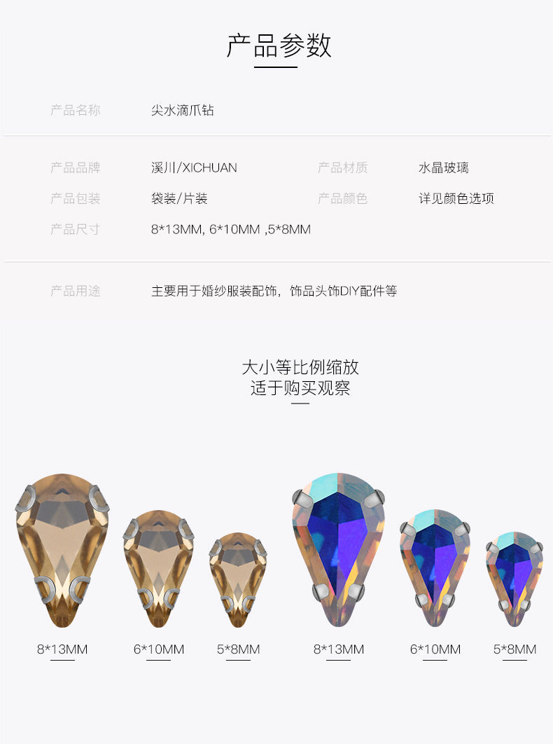 Long Drop Teardrop Crystal Claw Rhinestones - Glass Hand-Stitch Wedding Dress Earring Necklace Jewelry