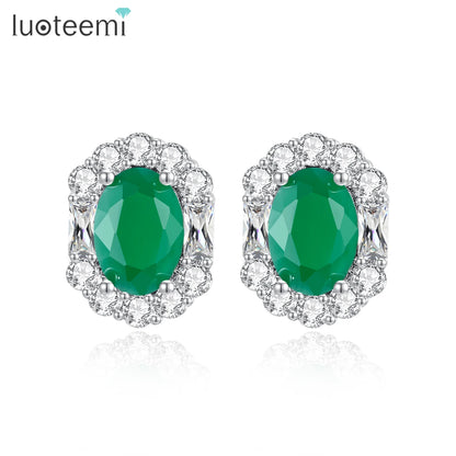 LUOTEEMI Delicate Geometric Fashion Design Women Zircon Stone Green Jade Color CZ Stud Earrings for Girls Ladies Jewelry