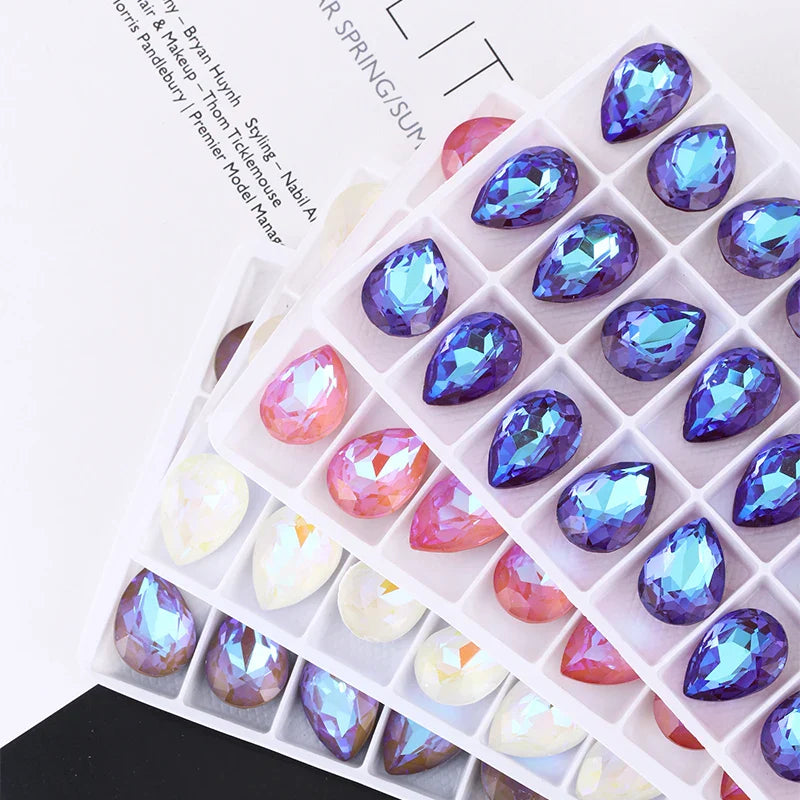 12 Colors Mix Mocha Fluorescent TearDrop K9 Glass Loose Rhinestones Piontback Strass Crystal Glue on Clothes Jewelry Accessories