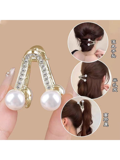 Short hair, awkward phase, half-bun, pearl small clip, high-end V-shaped hair clip at the back of the head, women's hair volume with little clip