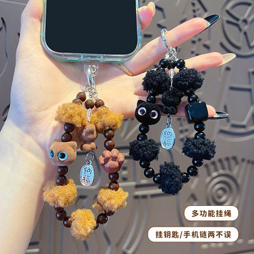 Original handmade DIY flocked cat beaded mobile phone chain keychain bag small pendant mobile phone case charm accessories