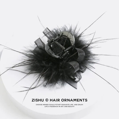 Black feather claw clip for women, high-end 2026 new style, large size ostrich feather shark clip, back of head updo hair clip