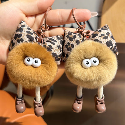 Wholesale Cute Leopard Print Bow Imitation Otter Rabbit Small Briquette Car Keychain Pendant Plush Pomball School Bag Charm