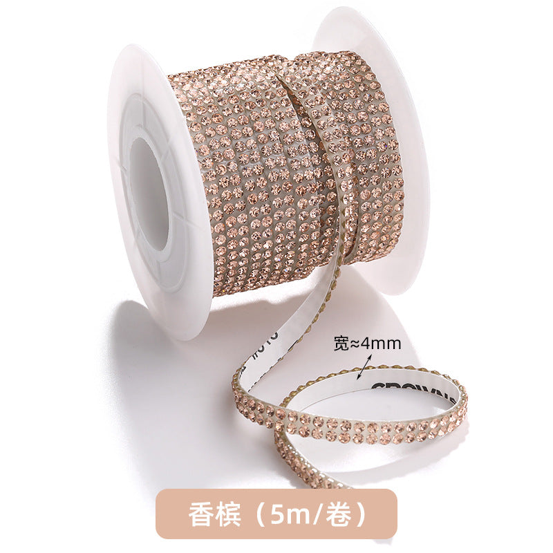 Double-row diamond with adhesive backing, 4mm chain, 5-meter roll of glass diamond chains, sparkling crystal water rhinestone jewelry, self-adhesive