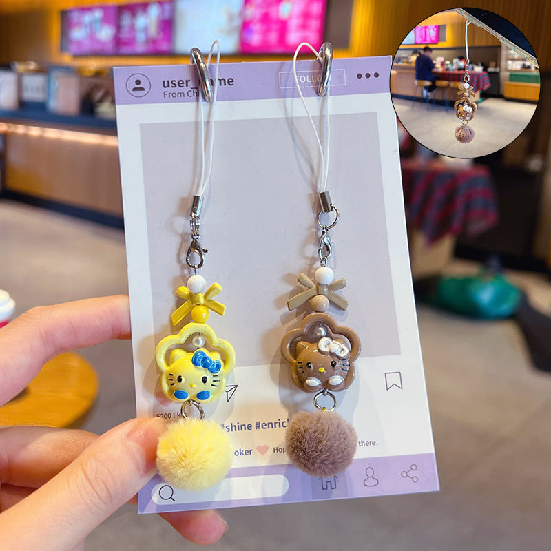 Handmade DIY Hello Kitty Cat Hair Ball Mobile Phone Chain Lanyard Couple Car Keychain KT Cat Bag Doll Small Pendant