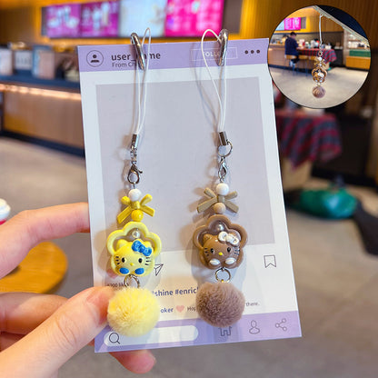 Handmade DIY Hello Kitty Cat Hair Ball Mobile Phone Chain Lanyard Couple Car Keychain KT Cat Bag Doll Small Pendant