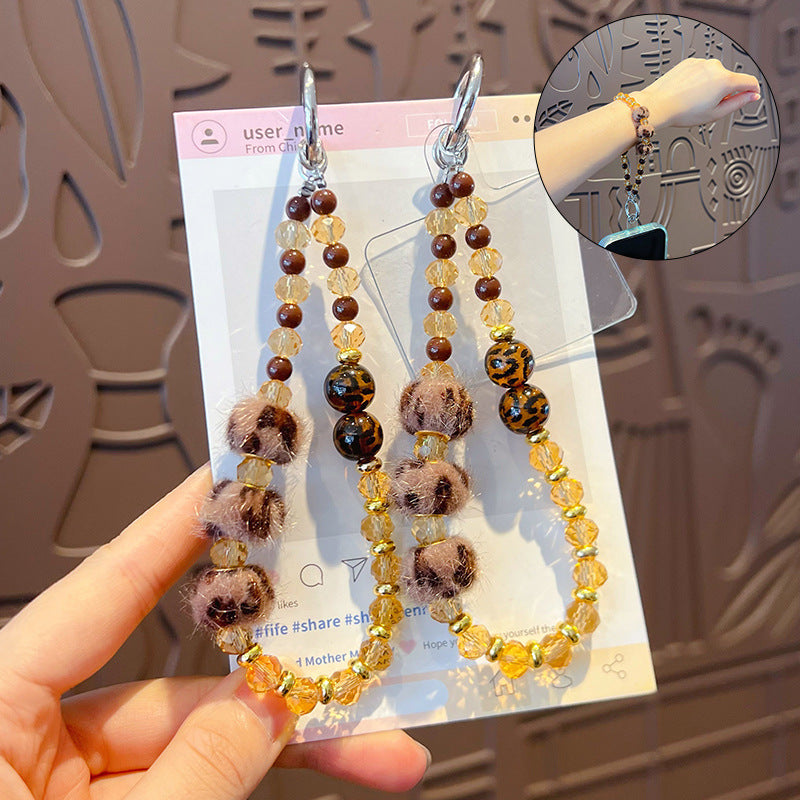 Creative DIY leopard print autumn and winter beaded mobile phone chain high-end keychain pendant women's ins car bag pendant