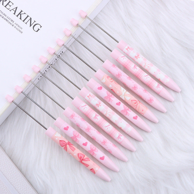 DIY bow pink long printed pattern ballball pen creative cute ballpoint pen plastic beaded ballpoint pen