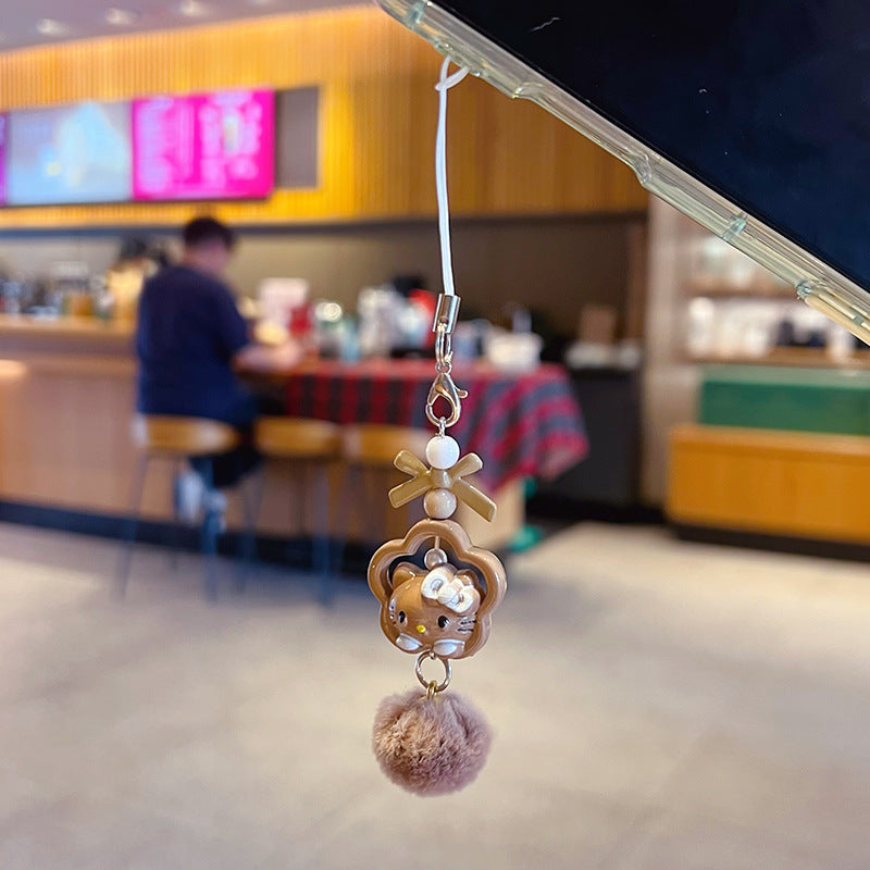 Handmade DIY Hello Kitty Cat Hair Ball Mobile Phone Chain Lanyard Couple Car Keychain KT Cat Bag Doll Small Pendant