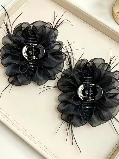 2026 New French Gentle Style Black Feather Organza Floral Claw Clip Elegant Shark Clamp High-End Headwear