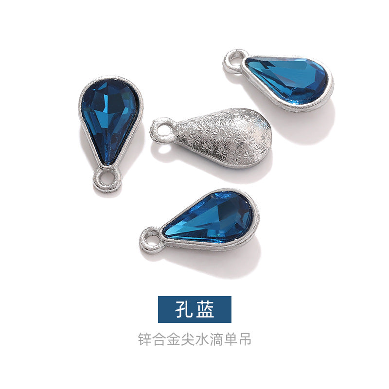 Zinc alloy pointed waterdrop pendant, crystal glass diamond DIY jewelry, earrings with diamond, single hanging glass waterdrop rhinestone
