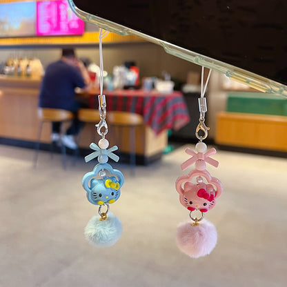 Handmade DIY Hello Kitty Cat Hair Ball Mobile Phone Chain Lanyard Couple Car Keychain KT Cat Bag Doll Small Pendant