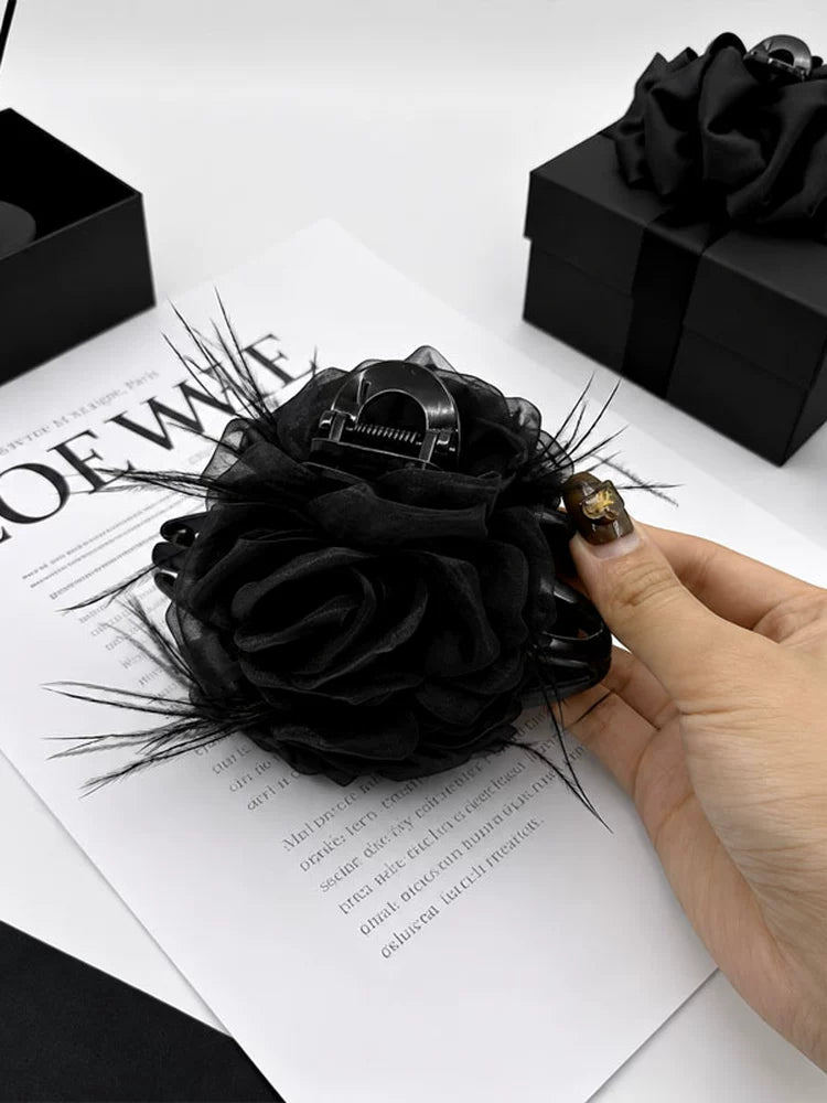 Large black mesh rose feather claw clip for women, sophisticated back hair clip, shark clip, fixed clip