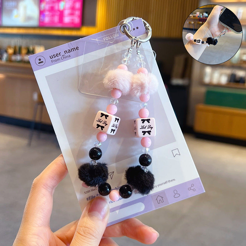 Handmade DIY Fur Ball Beaded Mobile Phone Chain Pendant Creative Car Bag Keychain Phone Case Accessories Charm
