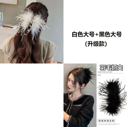 Black feather claw clip for women, high-end 2026 new style, large size ostrich feather shark clip, back of head updo hair clip