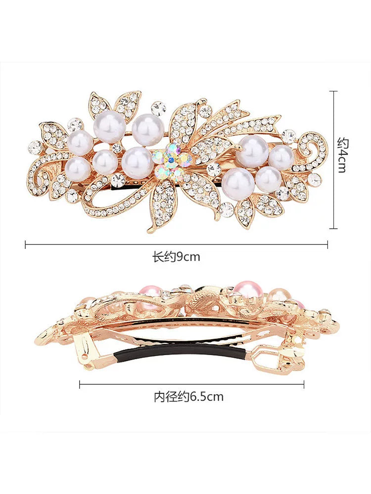 Elegant pearl rhinestone gold hair clip, new women's high-end flash rhinestone off-line spring clip, back hair updo