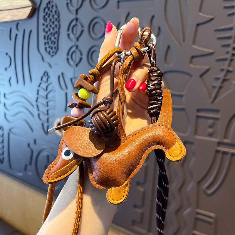 Creative simple miu PU leather dachshund puppy bracelet keychain bag pendant couple keychain pendant